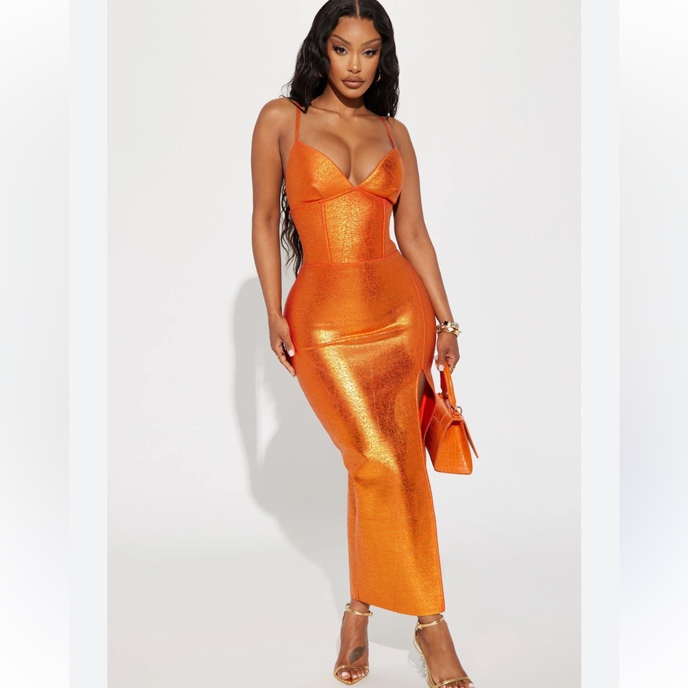 Shimmering Orange Spaghetti-Strap Midi Dress NEW